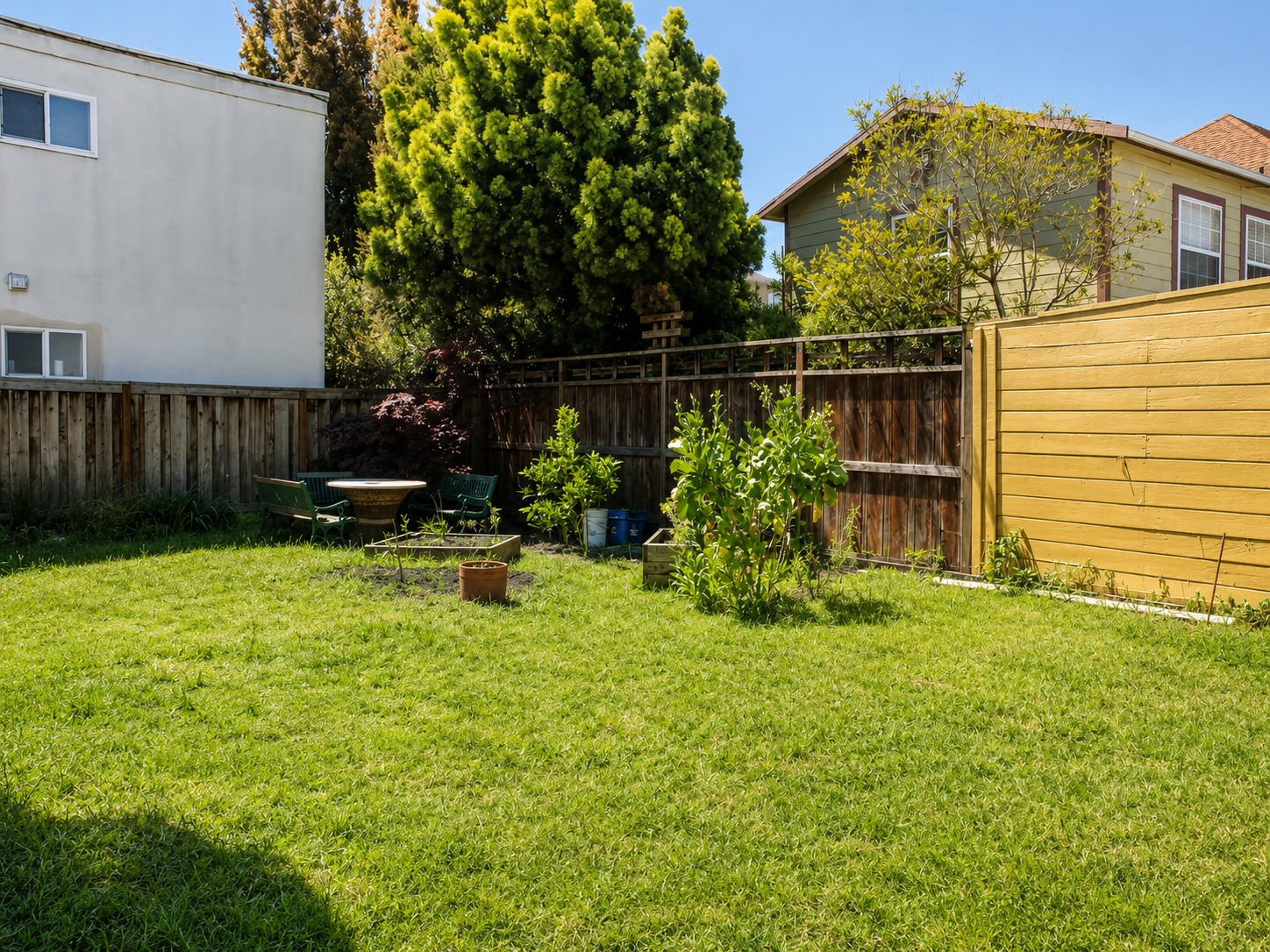 Same backyard after editing — chair and hose removed, lawn uniformly green, softer sky, fences and neighboring buildings preserved.