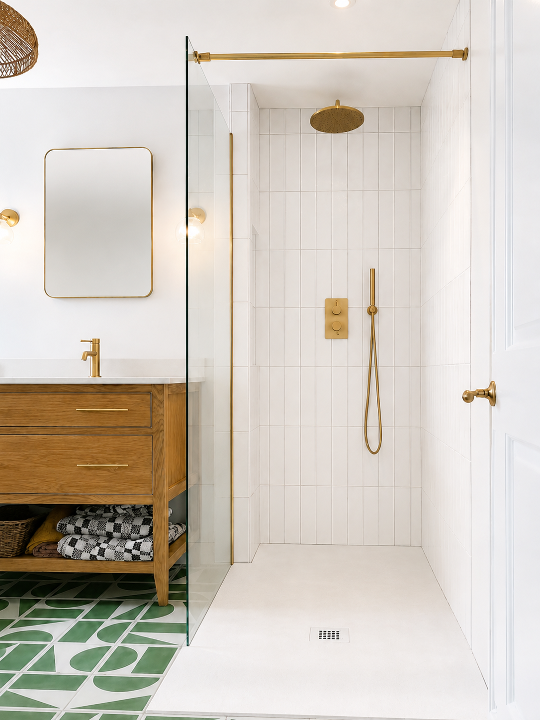 Same bathroom after editing — counter cleared of toiletries, mirror reflection calmed to a soft hint, white backsplash holding detail, brass fixtures and green tile floor preserved.