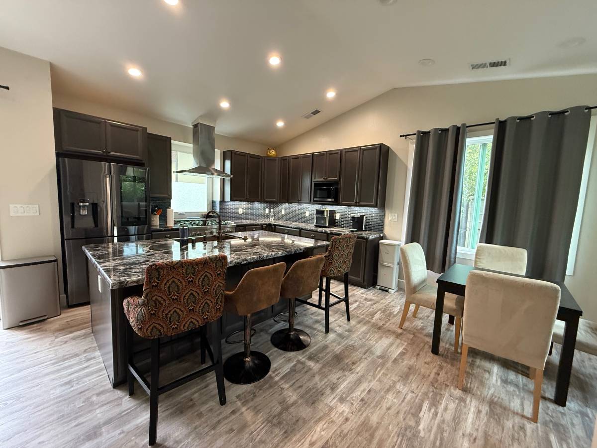 Kitchen — island + bar stools