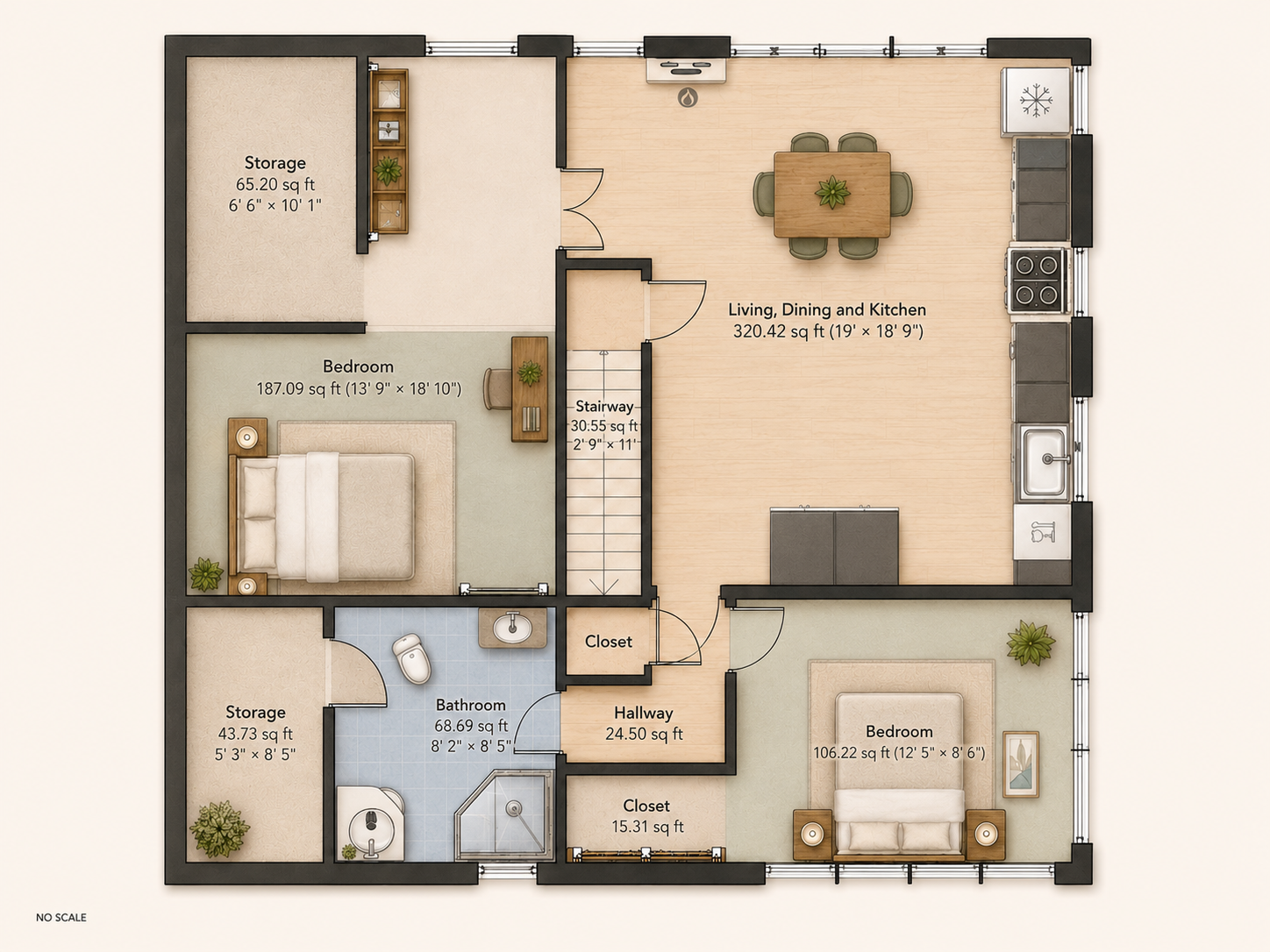 Helps prospective tenants picture how they’ll live in the unit. Queen beds, dining table, sofa and rug appear only where the use is clear. We use queen beds at 60×80 inches and include other furniture dimensions as applicable.