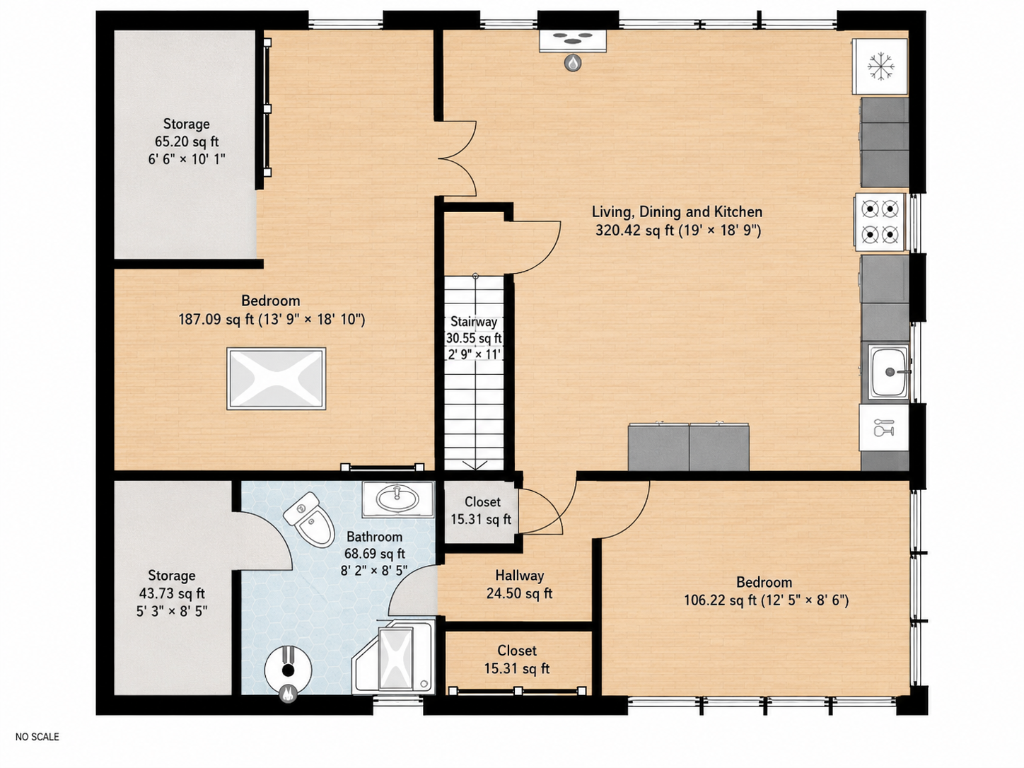 Polished version — light wood floors in living areas, blue hex tile in the bathroom, all labels and dimensions preserved.