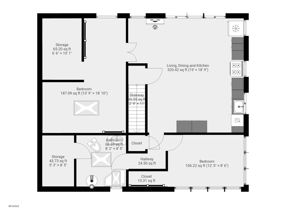 Architect's grayscale floor plan with measurements and 'NO SCALE' note.