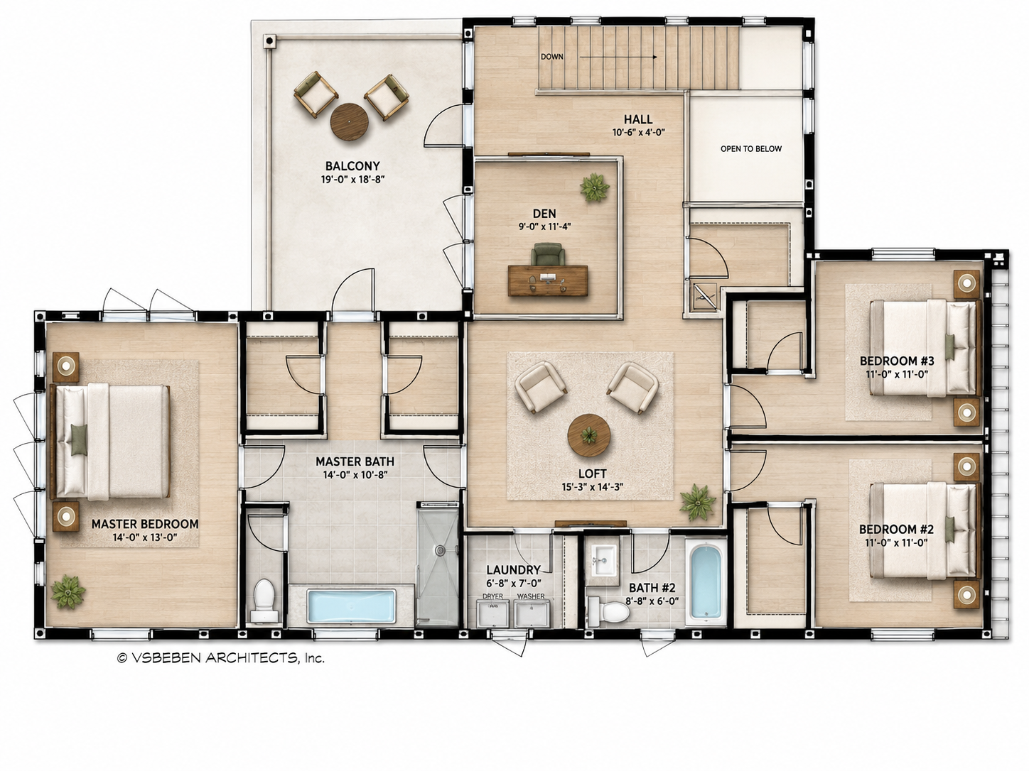 Furnished concept — master with queen bed and plants, two bedrooms each furnished, loft with armchairs, den with desk + chair, balcony seating.