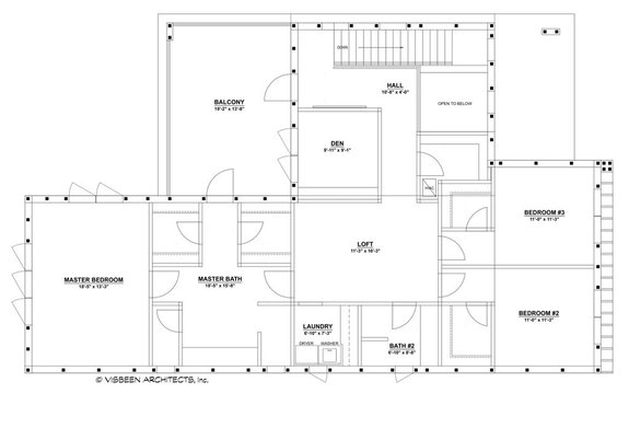 Architect's grayscale upper-floor plan from Vsbeen Architects with foot-and-inch dimensions throughout.