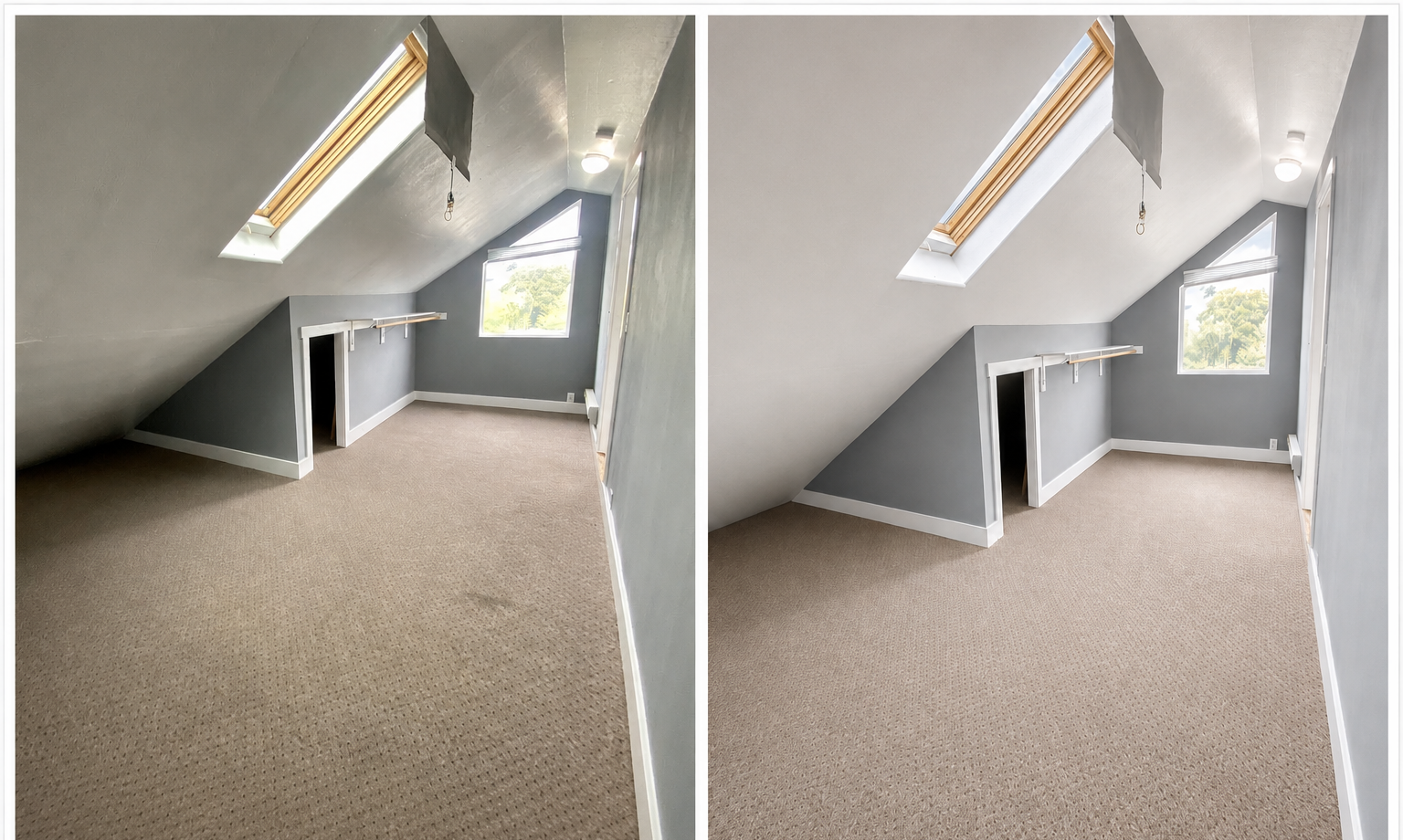Attic bedroom with sloped ceiling, before and after a listing-photo polish: lifted shadows, cleaner carpet, opened skylight view.