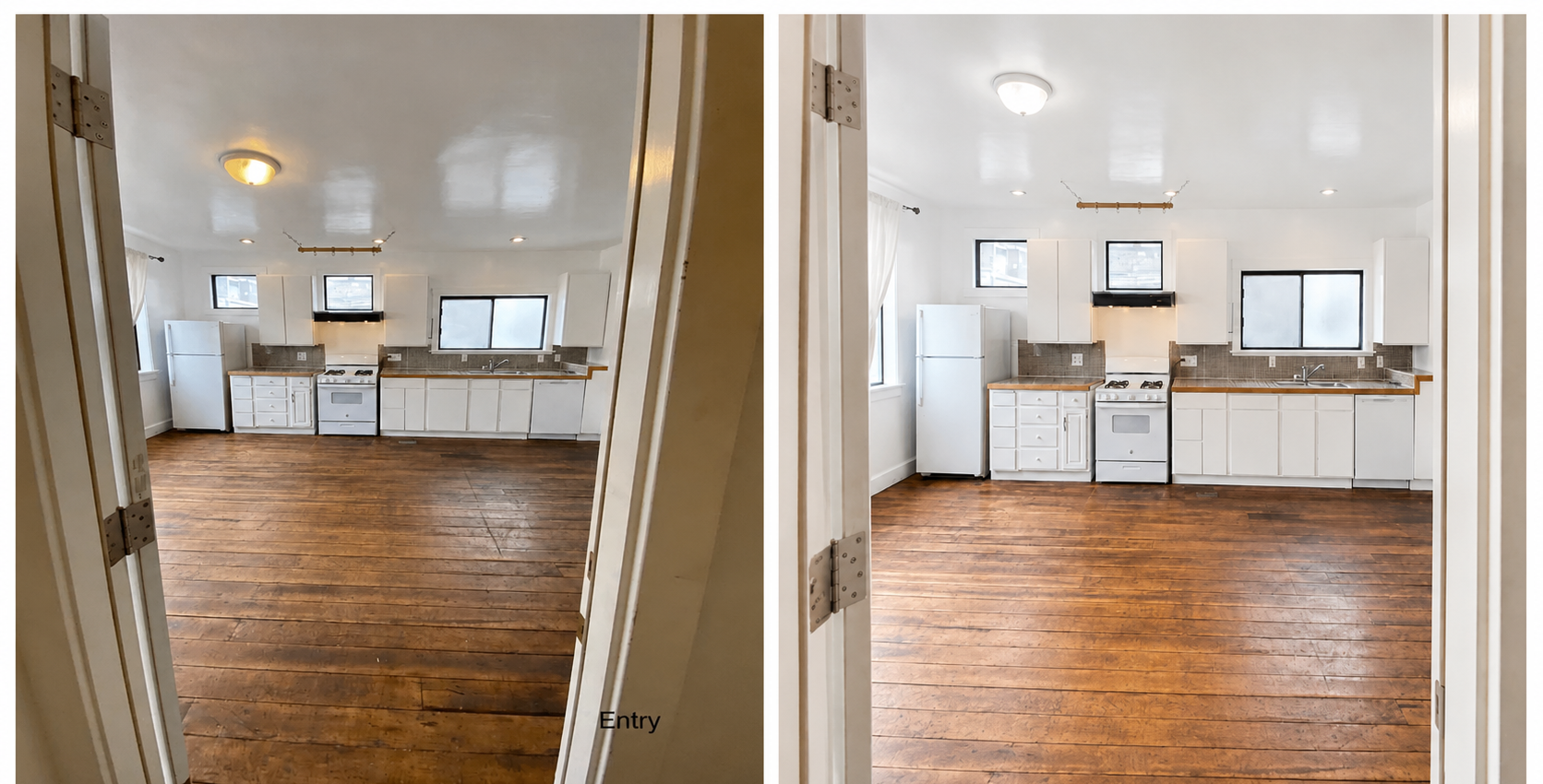 Open-plan kitchen and dining area, before and after a listing-photo polish: brightened ceiling, corrected white balance on the walls and floor, softened reflections.